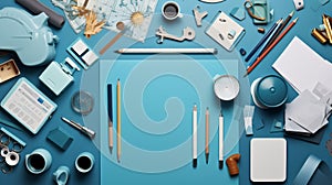 Knolling picture showing drawing equipment and paper. Theme colour is light blue