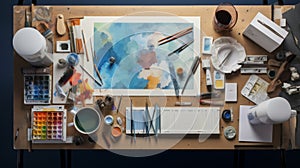 Knolling picture showing drawing equipment and paper. Theme colour is light blue