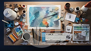 Knolling picture showing drawing equipment and paper. Theme colour is light blue