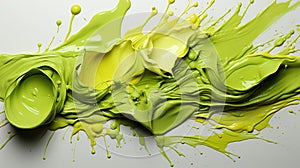 Knolling Strokes of Glitzy Lime or Green Color Liquid Paint On The White Background