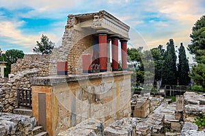 Knossos Palace, Crete, Greece. Restored North Entrance with charging bull fresco at the famous archaeological site of Knossos
