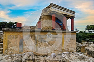 Knossos Palace, Crete, Greece. Restored North Entrance with charging bull fresco at the famous archaeological site of Knossos