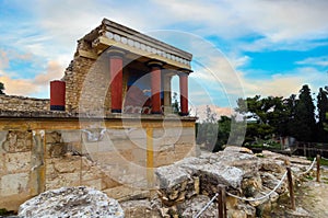 Knossos Palace, Crete, Greece. Restored North Entrance with charging bull fresco at the famous archaeological site of Knossos