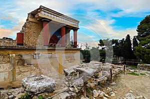 Knossos Palace, Crete, Greece. Restored North Entrance with charging bull fresco at the famous archaeological site of Knossos