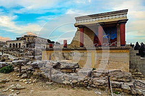 Knossos Palace, Crete, Greece. Restored North Entrance with charging bull fresco at the famous archaeological site of Knossos