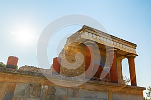 Knossos Palace ruin with sun background and sunny day backlight, Greece, Crete