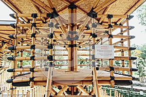 Knot detail of Bamboo playhouse built on a lake island in Kuala Lumpur`s botanical gardens, Malaysia