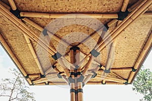 Knot detail of Bamboo playhouse built on a lake island in Kuala Lumpur`s botanical gardens, Malaysia