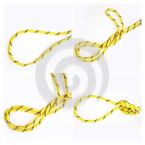 Knot, guide or how to tie ropes and material on white background in studio for security. Instruction frames, cords or