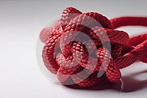 Knot of red nylon rope closeup isolated on white background. Generative AI