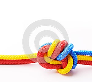 The knot that shall not untether. Studio shot ropes knotted together isolated on white.