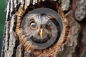 a knot on a tree bark mimicking a startled owls face