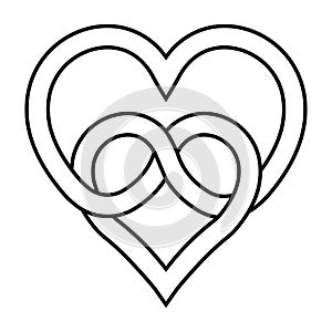 knot two hearts symbol of eternal love, vector sign of infinite love knot of intertwined hearts