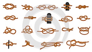 Knot types. Cartoon knotted rope with ties and threads for boating and sailing, eight knot and squareknot. Vector