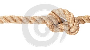 Knot on Wood. Rope with Reef Knot isolated on the white Background