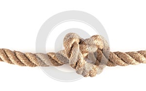 Knot on Wood. Rope with Reef Knot isolated on the white Background