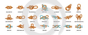 Knots of different type set. Loops, nautical nodes, nooses of various shapes. Strong tied twisted nautical ropes