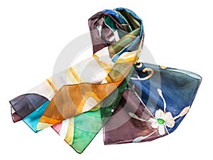 Knotted hand painted batik silk scarf isolated