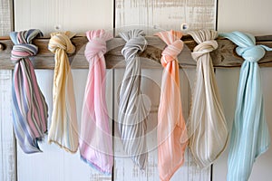 knotted scarves with pastel stripes on a reclaimed wood hanger