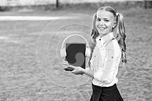 Knowledge assimilate better this way. Audio book concept. Digital technologies for learning. Elearning and modern