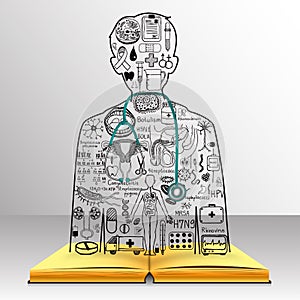 The knowledge from the book becomes a doctor.Medical doodles in a doctor shape with 3d stethoscope.Medicine studies photo