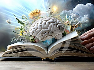 Knowledge bridge: hovering brain over an open book, emphasizing how teaching, reading, learning intertwine to shape