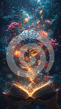 Knowledge bridge: hovering brain over an open book, emphasizing how teaching, reading, learning intertwine to shape