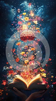 Knowledge bridge: hovering brain over an open book, emphasizing how teaching, reading, learning intertwine to shape
