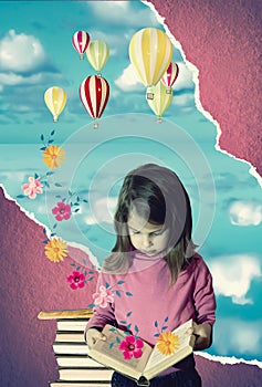 Knowledge concept. Calming book. Small child - little girl and blue sky