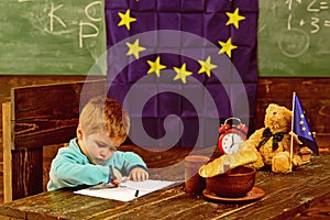 Knowledge concept. Child draw at table with eu flag on class chalkboard, knowledge. Hungry for knowledge. Knowledge is