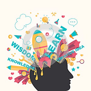 Knowledge and creativity icons flow from a man head in infographic design, create by vector