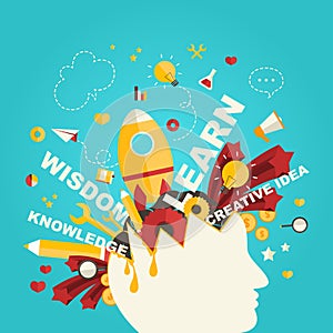 Knowledge and creativity icons flow from a man head in infographic design, create by vector