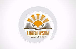 Knowledge e-reading library concept. Logo Sun over photo