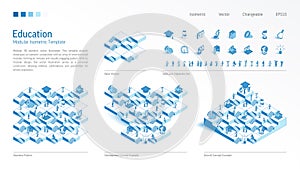 Knowledge, education modular isometric constructor. Seamless pattern base, line icon, character set. Elearn school