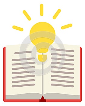 Knowledge flat icon. Open book with shining light bulb