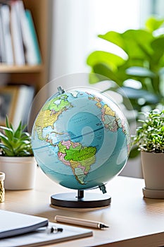 knowledge and geography with a world map globe resting on a desk, embodying the essence of an educational concept. photo