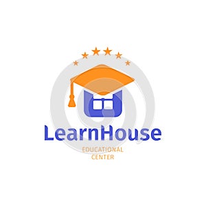 Knowledge house flat logo, university, college and school education symbol. Graduation cap on building, vector logotype