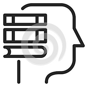 Knowledge icon. Human head with book stack inside