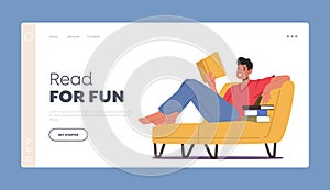 Knowledge, Learning Landing Page Template. Young Man Student Character Reading Book Lying On Couch. Reading Hobby