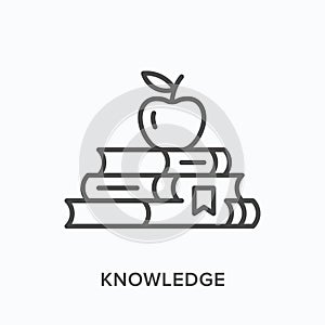 Knowledge line icon. Vector outline illustration of books and apple. Encyclopedia pictogram for education symbol photo