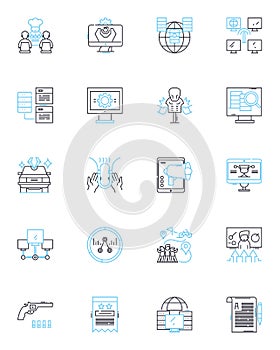 Knowledge management linear icons set. Retrieval, Collaboration, Sharing, Organization, Transfer, Innovation, Assessment