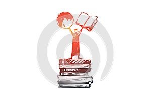 Knowledge, power, books, student, learning concept. Hand drawn isolated vector.