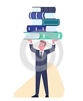 Knowledge is power. Businessman holds stack of books above him. Business education. Studying literature for office