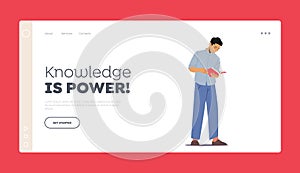 Knowledge is Power Landing Page Template. Young Asian Man Student Character Reading Book. Education, Reading Hobby