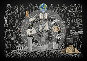 Knowledge with roots and branches representing various fields: