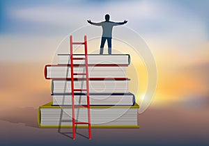 Knowledge symbol with a man climbing books.