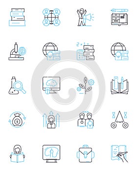 Knowledge thirst linear icons set. Curiosity, Learning, Understanding, Insight, Enquiry, Discovery, Inquisitiveness line