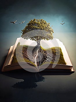 Knowledge tree growing from open book pages