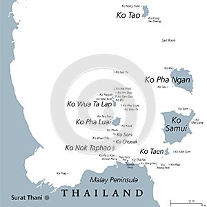 From Ko Samui to Koh Tao, islands off Thailand coast, gray political map