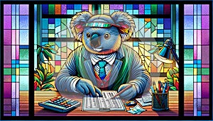 Koala accountant reviewing spreadsheet in stained glass style